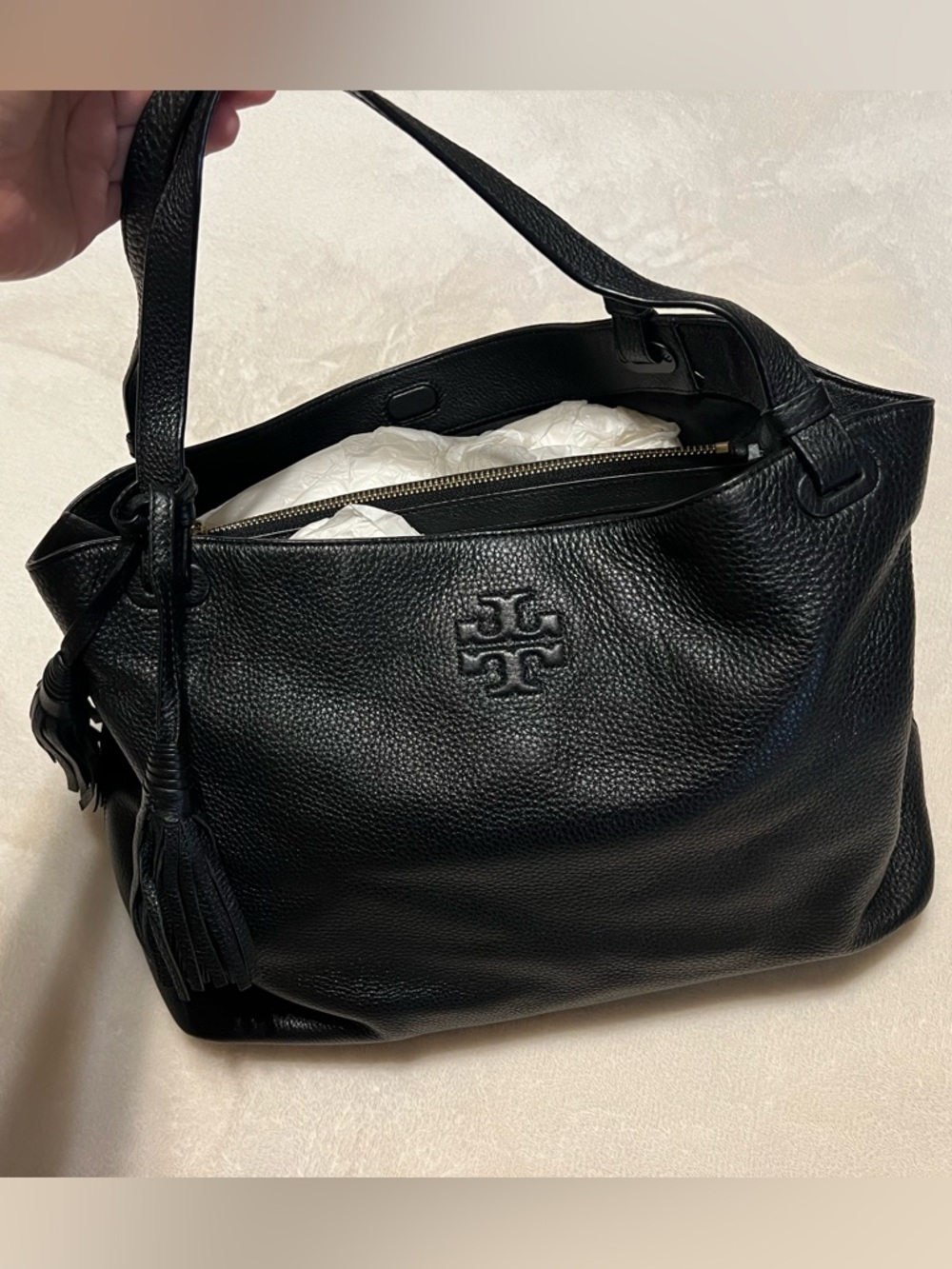 Tory Burch Black Pebbled Leather Shoulder Hobo with Tassel